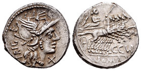 Curiatius. Denario. 142 a.C. Rome. (Ffc-666). (Craw-223/1). (Cal-531). Anv.: Cabeza de Roma a derecha, delante X y detrás TRIGE. Rev.: Juno con cetro ...