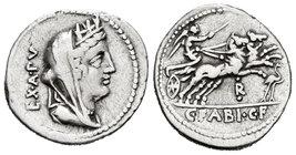 Fabius. Denario. 104 a.C. Rome. (Ffc-703). (Craw-322/1b). (Cal-575). Anv.: Cabeza de Cibeles velada con corona mural a derecha, detrás EX A PV. Rev.: ...