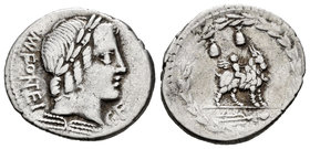 Fonteius. Denario. 85 a.C. Auxiliary mint of Rome. (Ffc-719). (Craw-353/1c). (Cal-590). Anv.: Cabeza laureada de Apolo Vejovis a derecha, debajo haz d...