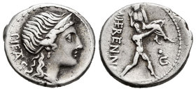 Herennius. Denario. 108-107 a.C. South of Italy. (Ffc-745). (Craw-308/1b). (Cal-616). Anv.: Cabeza diademada de Piedad a derecha, detrás PIETAS. Rev.:...