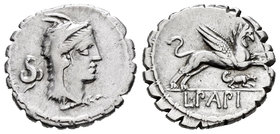 Papius. Denario. 79 a.C. Auxiliary mint of Rome. (Ffc-952). (Craw-384/1). (Cal-1057). Anv.: Cabeza de Juano Sospita a derecha, tocado con piel de cier...