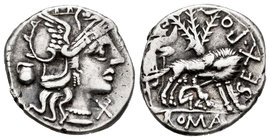 Pompeius. Denario. 137 a.C. Central Italy. (Ffc-1021). (Craw-235/1c). (Cal-1149). Anv.: Cabeza de Roma a derecha, delante X, detrás vaso. Rev.: Loba a...