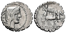 Procilius. Denario. 80 a.C. South of Italy. (Ffc-1082). (Craw-379/2). (Cal-1225). Anv.: Cabeza de Juno Sospita con piel de cabra a derecha, detrás S C...