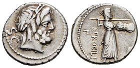 Procilius. Denario. 80 a.C. Rome. (Ffc-1083). (Craw-379/1). (Cal-1226). Anv.: Cabeza laureada de Júpiter a derecha, detrás S C. Rev.: Juno Sospita a d...