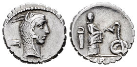 Roscius. Denario. 64 a.C. Central Italy. (Ffc-1090). (Craw-412/1). (Cal-1231). Anv.: Cabeza de Juno Sospita tocado con piel de cabra a derecha, detrás...
