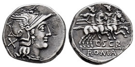Scribonius. Denario. 154 a.C. Rome. (Ffc-1100). (Craw-201/1). (Cal-1246). Anv.: Cabeza de Roma a derecha, detrás X. Rev.: Los Dioscuros a caballo a de...