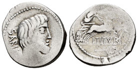 Titurius. Denario. 89 a.C. Rome. (Ffc-1147). (Craw-344/3). (Cal-1304). Anv.: Cabeza del rey Tatius a derecha, detrás SABIN. Rev.: Victoria con corona ...