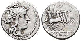Tullius. Denario. 120 a.C. Rome. (Ffc-1162). (Craw-280/1). (Cal-1317). Anv.: Cabeza de Roma a derecha, detrás ROMA. Rev.: Victoria con palma en cuadri...