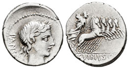 Vibius. Denario. 90 a.C. Auxiliary mint of Rome. (Ffc-1193). (Cal-1349a). Anv.: Cabeza laureada de Apolo a derecha, detrás PANSA. Rev.: Minerca en cua...