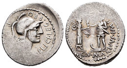 Pompeius Magnus. Denario. 46-45 a.C. Hispania. (Ffc-1). (Craw-469a). (Cal-1146). Anv.: Cabeza de Palas a derecha, alrededor (M PO)BLICI LEG PRO PR. Re...