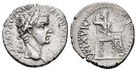 Tiberius. Denario. 16 d.C. Lugdunum. (Spink-1763). (Ric-26). Rev.: PONTIF MAXIM. Figura femenina sentada a derecha con cetro y rama. Ag. 3,69 g. XF. E...