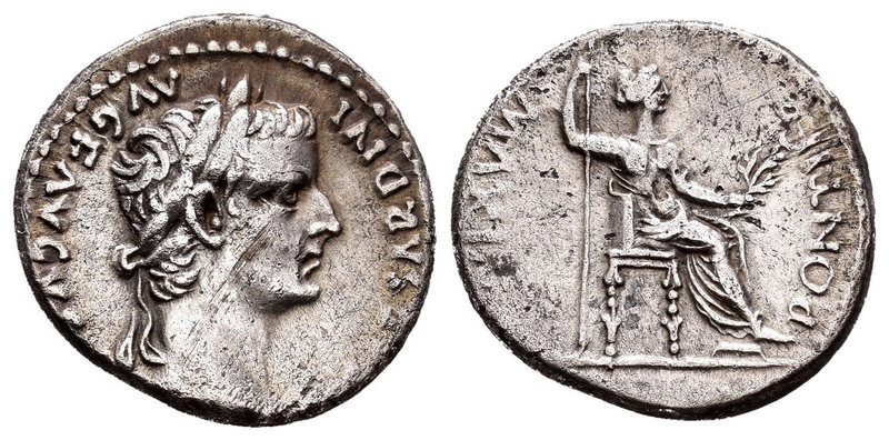 Tiberius. Denario. 16 d.C. Lugdunum. (Spink-1763). (Ric-23). Rev.: PONTIF MAXIM....
