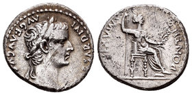Tiberius. Denario. 16 d.C. Lugdunum. (Spink-1763). (Ric-23). Rev.: PONTIF MAXIM. Figura femenina sentada a derecha con cetro y rama. Ag. 3,73 g. Choic...
