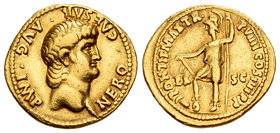 Nero. Áureo. 62-63 d.C. Rome. (Ric-34). (Cal-436). Anv.: NERO CAESAR AVG IMP. Busto desnudo a derecha. Rev.: PONTIF MAX TR P VIII COS IIII P P, en cam...