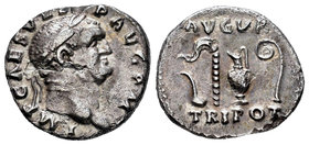 Vespasian. Denario. 72-73 d.C. Rome. (Spink-2282). (Ric-42). Rev.: AVGVR TRIPOT. Atributos sacerdotales. 2,54 g. Golpecito en anverso. Choice VF. Est....