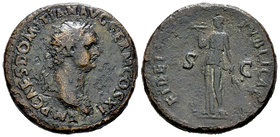 Domitian. Dupondio. 85 d.C. Rome. (Spink-2785). (Ric-263). Rev.: FIDEI PVBLICAE SC. Fides en pie a izquierda con bandeja de fruta y maiz. Ae. 13,23 g....