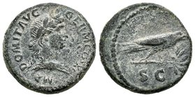 Domitian. Cuadrante. 81-96 d.C. Rome. (Ric-715). Anv.: Cabeza laureada de Apolo a derecha. Rev.: SC. Águila a derecha sobre rama de olivo. Ae. 5,31 g....
