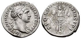Trajan. Denario. 104 d.C. Rome. (Spink-3169 similar). Rev.: SPQR OPTIMO PRINCIPI. Trofeo. Ag. 3,31 g. Escasa. Choice VF. Est...170,00.