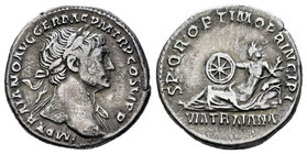 Trajan. Denario. 113 d.C. Rome. (Spink-3173). (Ric-266). Rev.: SPQR OPTIMO PRINCIPI. Personificación de la Via Traiana reclinada sobre rocas con rueda...