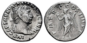 Trajan. Denario. 103 d.C. Rome. (Spink-no cita). (Ric-60). (Seaby-242a). Rev.:  P M TR P COS IIII P P. Victoria en pie a izquierda con corona y palma....