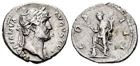 Hadrian. Denario. 128 d.C. Rome. (Spink-3473 similar). (Ric-169). Rev.: COS III. Abundancia en pie a izquierda, con un pie sobre modio, sosteniendo cu...