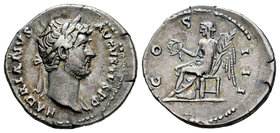 Hadrian. Denario. 127 d.C. Rome. (Spink-3480). (Ric-182). Rev.: COS III. Victoria sentada a izquieda con corona y palma. Ag. 3,46 g. Choice VF. Est......