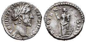 Antoninus Pius. Denario. 156-7 d.C. Rome. (Spink-4128). (Ric-260). Rev.: TR POT XX COS IIII. Annona en pie a izquierda con timón y modius, pie levanta...