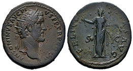 Antoninus Pius. Dupondio. 142 d.C. Rome. (Spink-4272). (Ric-658). Rev.: FELICI(TAS) AVG S C. Felicitas en pie a izquierda con caduceo y rama de olivo....