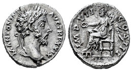 Marcus Aurelius. Denario. 173 d.C. Rome. (Spink-4910). (Ric-312). (Seaby-327). Rev.: TR P XXIX IMP VIII COS III. Victoria sedente a izquierda con páte...