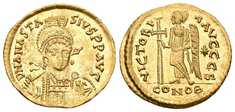 Anastasius. Sólido. 491-518 d.C. Constantinople. Rev.: VICTORIA AVGGG S / CONOB....