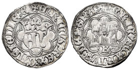 Kingdom of Castille and Leon. Enrique IV (1454-1474). 1/2 real. Burgos. (Bautista-925). Ag. 1,66 g. Con B bajo el castillo. Agujero. Muy escasa. Choic...