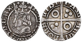 Ferdinand II (1479-1516). 1 croat. Barcelona. (Cal-101). Ag. 2,40 g. Anillos en el 2º y el 4º cuartel. Variante por cabeza adusta. Est...60,00.