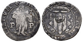 Philip II (1556-1598). Doble sou. 1598. Perpignan. (Cal-839). (Cr C.G-3806a). Ag. 2,81 g. Contramarca cabeza de San Juan en reverso. Almost VF. Est......
