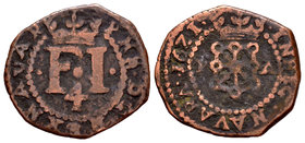 Philip III (1598-1621). 4 cornados. 1621. Pamplona. (Cal-736). Ae. 2,98 g. Escudo entre P - A. Choice F. Est...18,00.