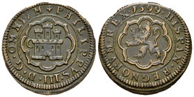 Philip III (1598-1621). 4 maravedís. 1599. Segovia. C. (Cal-747, como 8 maravedís). (Jarabo-Sanahuja-C23). Ae. 6,14 g. Choice VF. Est...40,00.