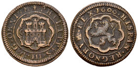 Philip III (1598-1621). 4 maravedís. 1600. Segovia. C. (Cal-748, como 8 maravedís). (Jarabo-Sanahuja-C24). Ae. 6,09 g. Almost VF. Est...30,00.
