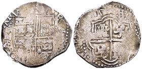 Philip III (1598-1621). 8 reales. ¿1617?. Potosí. M. (Cal-¿129?). Ag. 27,14 g. Por el trazo recto junto al 1 de la fecha podemos intuir que se trata d...