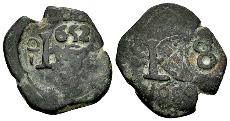 Philip IV (1621-1665). 8 maravedís. Valladolid. Ae. 4,65 g. Resello de 1652 con ...