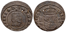 Philip IV (1621-1665). 16 maravedís. 1663. Granada. N. (Cal-1352). (Jarabo-Sanahuja-M232). Ae. 4,64 g. Defecto de acuñación que atraviesa el cospel. A...