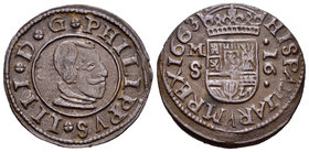 Philip IV (1621-1665). 16 maravedís. 1663. Madrid. S. (Cal-1399). (Jarabo-Sanahuja-M377). Ae. 3,84 g. Almost XF/Choice VF. Est...30,00.