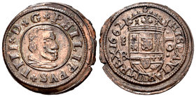 Philip IV (1621-1665). 16 maravedís. 1662. Segovia. BR. (Cal-1510). (Jarabo-Sanahuja-M523). Ae. 4,83 g. Tres puntos sobre el busto. Buen ejemplar. Alm...