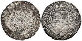 Philip IV (1621-1665). 1 patagón. 1662. Bruges. (Vti-Tipo 115, falta fecha). (Vanhoudt-645.BG). Ag. 27,99 g. Ligera plata agria. Escasa. Choice F. Est...