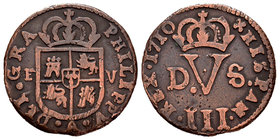 Philip V (1700-1746). Treseta. 1710. Valencia. (Cal-2012). Ae. 3,46 g. F. Est...9,00.