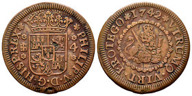 Philip V (1700-1746). 4 maravedís. 1742. Segovia. (Cal-1993). Ae. 6,40 g. Golpes. VF. Est...25,00.