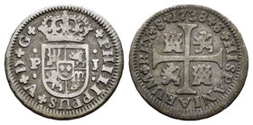 Philip V (1700-1746). 1/2 real. 1738. Sevilla. PJ. (Cal-1936). Ag. 1,44 g. Choice F. Est...15,00.