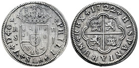 Philip V (1700-1746). 2 reales. 1722. Sevilla. J. (Cal-1424). Ag. 5,54 g. Defecto de acuñación en anverso. Choice VF. Est...80,00.