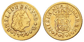 Philip V (1700-1746). 1/2 escudo. 1744. Sevilla. PJ. (Cal-587). Au. 1,73 g. Almost VF. Est...150,00.