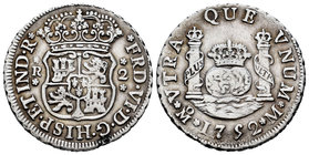 Ferdinand VI (1746-1759). 2 reales. 1752. México. M. (Cal-492). Ag. 6,66 g. Dos coronas reales sobre las columnas. Mínimo resto de soldadura en el can...
