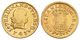 Ferdinand VI (1746-1759). 1/2 escudo. 1747. Sevilla. PJ. (C-260). Au. 1,75 g. Almost VF. Est...150,00.