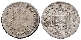 Charles III (1759-1788). 1/2 real. 1779. Lima. MJ. (Cal-1711). Ag. 1,62 g. Choice F/Almost VF. Est...45,00.